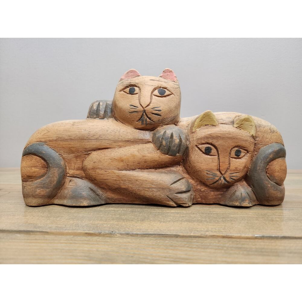 Carved Wood Sitting Cats Folk Art Figure 9"x5"